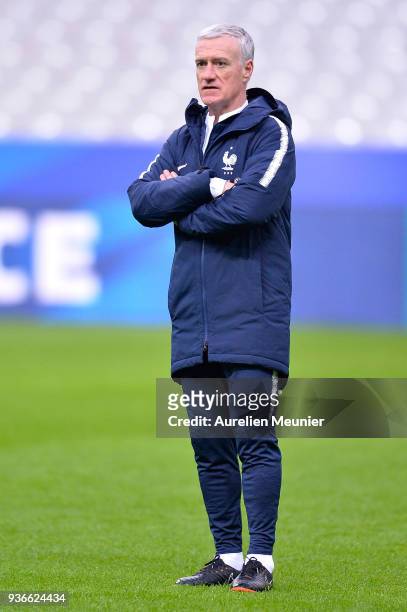 France Head Coach Didier Deschamps reacts during a France football team training session before the friendly match against Colombia on March 22, 2018...
