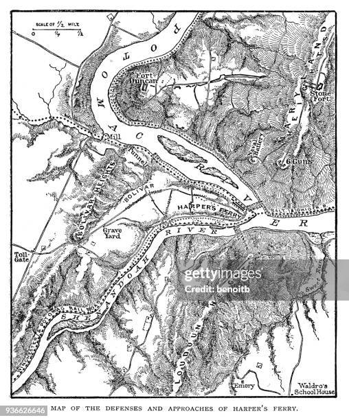 防御とハーパーのフェリー アメリカ南北戦争中のアプローチの地図 - ポトマック川点のイラスト素材／クリップアート素材／マンガ素材／アイコン素材