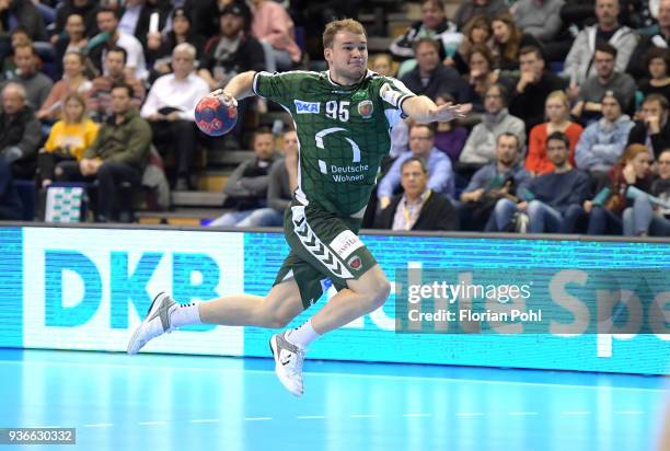 Paul Drux of Fuechse Berlin during the DKB Handball Bundesliga game between Fuechse Berlin and GWD Minden at Max Schmeling Halle on March 22, 2018 in...