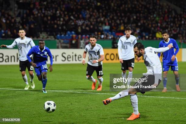 Levin Oeztunali of Germany scores his team's third goal from the penalty spot during the 2019 UEFA Under21 European Championship qualifier match...