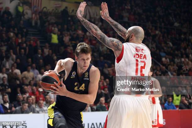 Jan Vesely, #24 of Fenerbahce Dogus Istanbul competes with Pero Antic, #12 of Crvena Zvezda mts Belgrade during the 2017/2018 Turkish Airlines...
