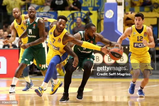 Rivers, #3 of Panathinaikos Superfoods Athens competes with Deandre Kane, #7 of Maccabi Fox Tel Aviv during the 2017/2018 Turkish Airlines EuroLeague...