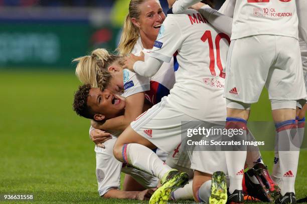 Shanice van de Sanden of Olympique Lyon Women, Ada Hegerberg of Olympique Lyon Women, Dzsenifer Marozsan of Olympique Lyon Women celebrate 2-1 during...