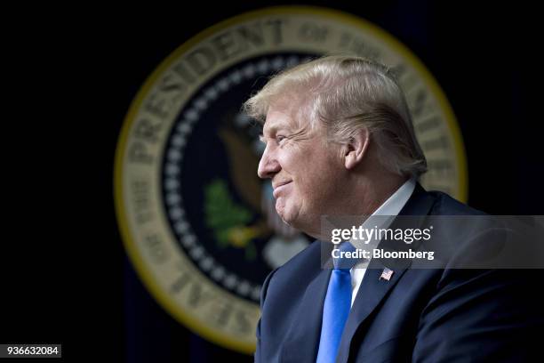 President Donald Trump smiles during a discussion at the Generation Next forum in the Eisenhower Executive Office Building in Washington, D.C., U.S.,...