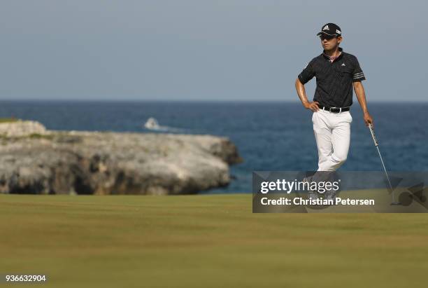 Seungsu Han waits to putt on the ninth green during round one of the Corales Puntacana Resort & Club Championship on March 26, 2018 in Punta Cana,...