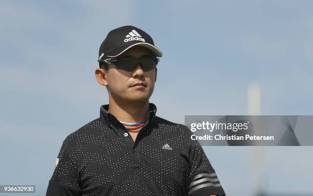 Seungsu Han waits to putt on the ninth green during round one of the Corales Puntacana Resort & Club Championship on March 26, 2018 in Punta Cana,...
