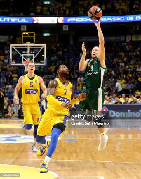 Lukas Lekavicius, #19 of Panathinaikos Superfoods Athens in action during the 2017/2018 Turkish Airlines EuroLeague Regular Season Round 28 game...