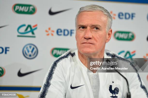 France Head Coach Didier Deschamps answers journalists during a press conference before the friendly match against Colombia on March 22, 2018 in...