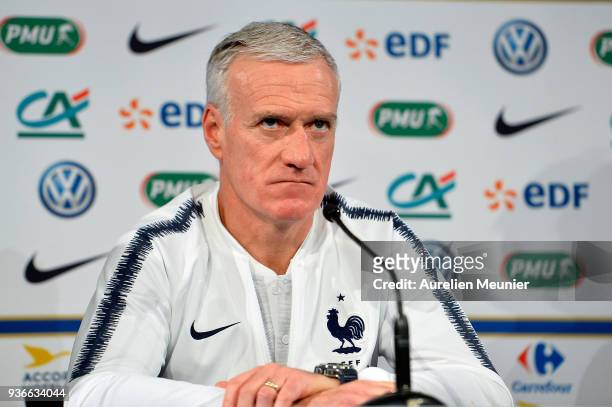 France Head Coach Didier Deschamps answers journalists during a press conference before the friendly match against Colombia on March 22, 2018 in...