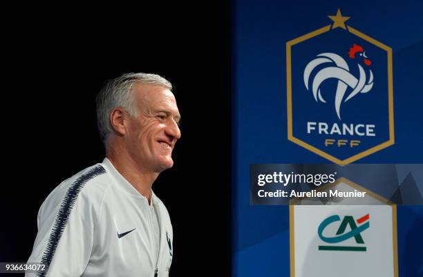 France Head Coach Didier Deschamps leaves after a press conference before the friendly match against Colombia on March 22, 2018 in Paris, France.