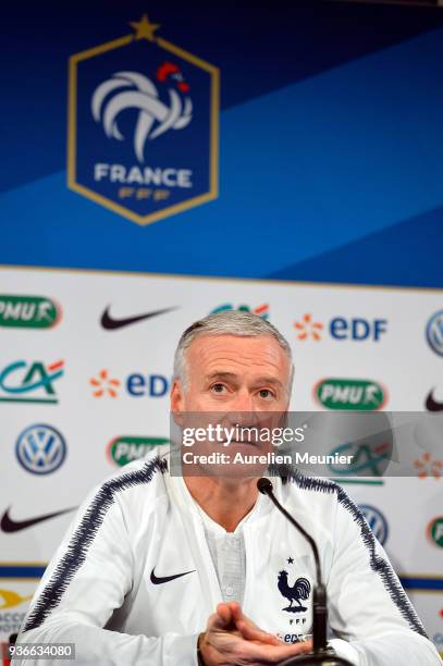 France Head Coach Didier Deschamps answers journalists during a press conference before the friendly match against Colombia on March 22, 2018 in...