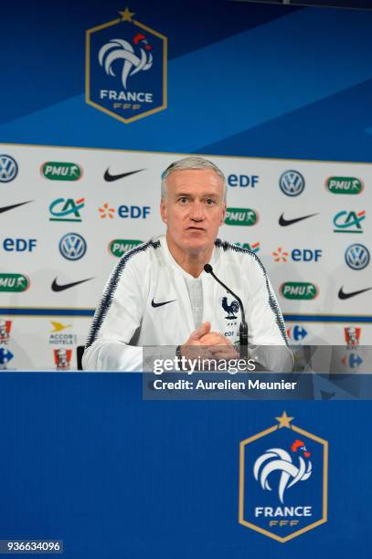 France Head Coach Didier Deschamps answers journalists during a press conference before the friendly match against Colombia on March 22, 2018 in...