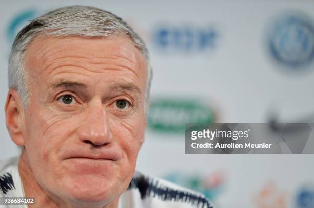 France Head Coach Didier Deschamps answers journalists during a press conference before the friendly match against Colombia on March 22, 2018 in...