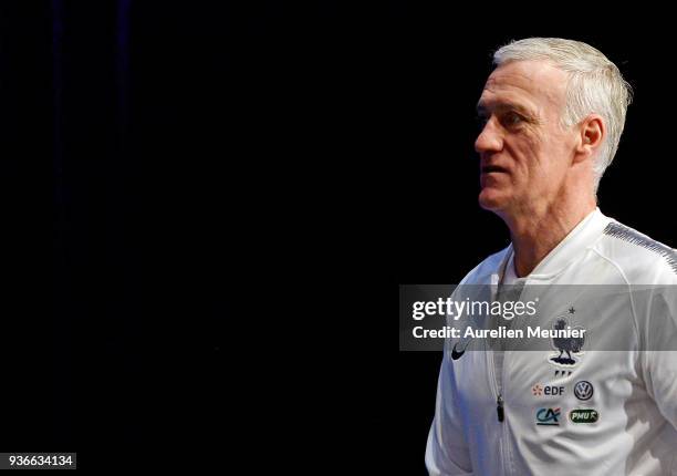 France Head Coach Didier Deschamps arrives for a press conference before the friendly match against Colombia on March 22, 2018 in Paris, France.