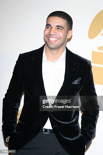 Rapper Drake poses in the press room during The GRAMMY Nominations Concert Live! at the Club Nokia on December 2, 2009 in Los Angeles, California.