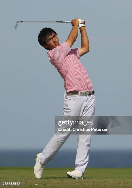 Zecheng Dou of China plays his shot from the ninth tee during round one of the Corales Puntacana Resort & Club Championship on March 26, 2018 in...