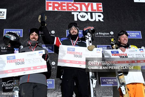 Third-placed Canada's Simon D'Artois, first-placed Canada's Noah Bowman and second-placed US Alex Ferreira pose on the podium during the...