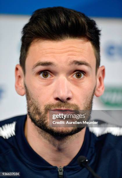 France Captain Hugo Lloris answers journalists during a press conference before the friendly match against Colombia on March 22, 2018 in Paris,...