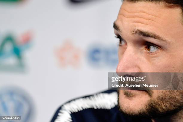 France Captain Hugo Lloris answers journalists during a press conference before the friendly match against Colombia on March 22, 2018 in Paris,...