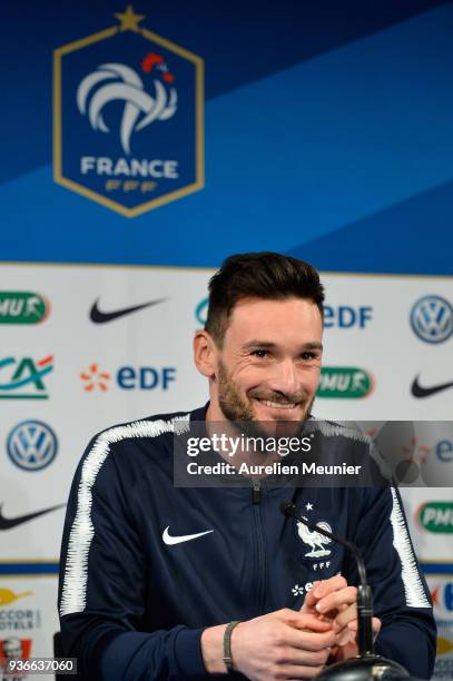 France Captain Hugo Lloris answers journalists during a press conference before the friendly match against Colombia on March 22, 2018 in Paris,...