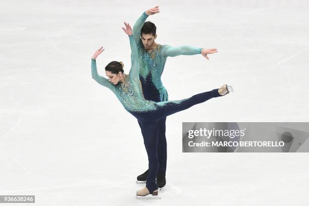 Italy's Nicole Della Monica and Matteo Guarise perform on March 22, 2018 during the Pairs Free figure skating at the Milano World League Figure...