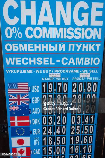 International currency rates on the board outside a bureau-de-change in Hradcany district, on 19th March in Prague, the Czech Republic.