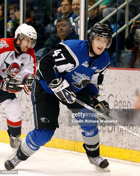 Simon Despres of the Saint John Sea Dogs skates during the game against the Drummondville Voltigeurs at the Marcel Dionne Centre on November 20, 2009...