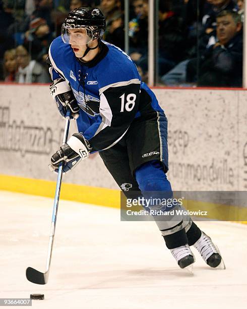 Danick Gauthier of the Saint John Sea Dogs skates with the puck during the game against the Drummondville Voltigeurs at the Marcel Dionne Centre on...