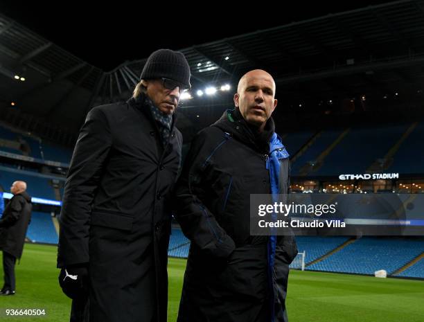 Head coach Italy Luigi Di Biagio and Team Manager Italy Gabriele Oriali chat during Italy walk around at Etihad Stadium on March 22, 2018 in...