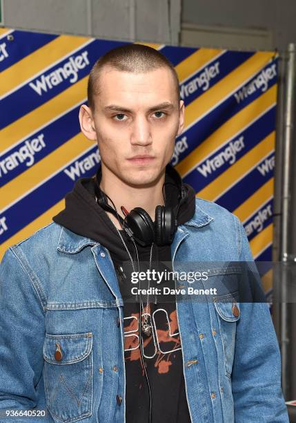 Josh Ludlow DJs at the Wrangler Revival Blue & Yellow event at Poland Street Car Park on March 22, 2018 in London, England.