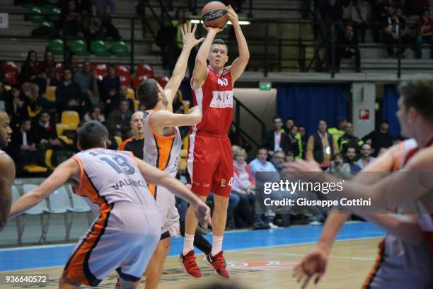 Dairis Bertans, #45 of AX Armani Exchange Olimpia Milanin action during the 2017/2018 Turkish Airlines EuroLeague Regular Season Round 28 game...