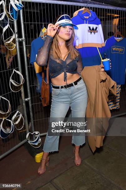 Emily Atack attends the Wrangler Revival Blue & Yellow event at Poland Street Car Park on March 22, 2018 in London, England.