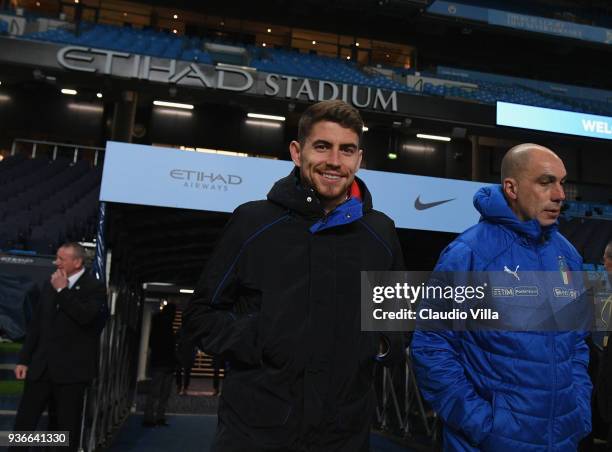 Jorginho of Italy looks on during Italy walk around at Etihad Stadium on March 22, 2018 in Manchester, England.