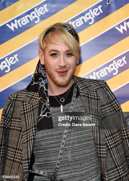 Lewis-Duncan Weedon attends the Wrangler Revival Blue & Yellow event at Poland Street Car Park on March 22, 2018 in London, England.