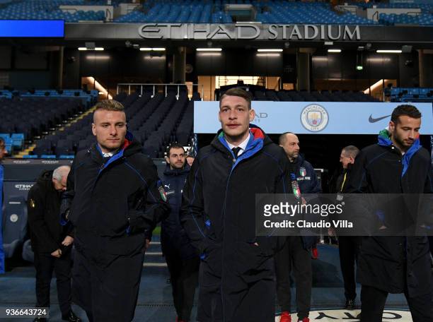 Ciro Immobile and Andrea Belotti of Italy look on during Italy walk around at Etihad Stadium on March 22, 2018 in Manchester, England.