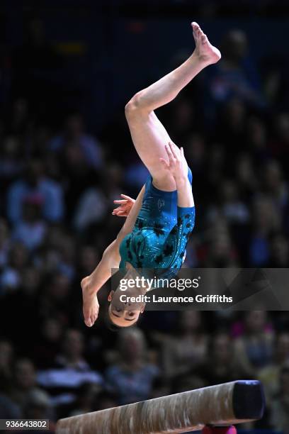 Hannah Chrobok of Canada competes on the beam during day two of the 2018 Gymnastics World Cup at Arena Birmingham on March 22, 2018 in Birmingham,...