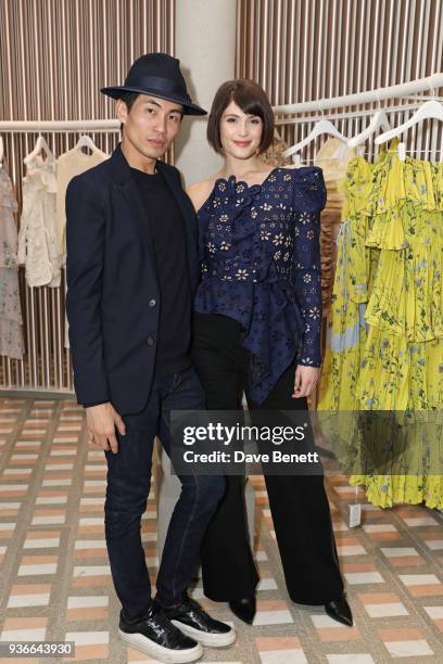 Han Chong, Self-Portrait Founder and Creative Director, and Gemma Arterton attend the Self-Portrait store opening cocktail party on March 22, 2018 in...