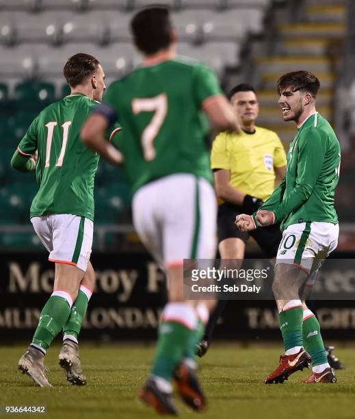 Dublin , Ireland - 22 March 2018; Ryan Manning of Republic of Ireland celebrates after scoring his side's second goal during the U21 International...