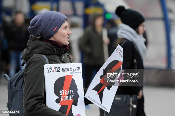 Members of Amnesty International are seen collecting signatures against the proposed abortion law in Warsaw, Poland on March 22, 2018. The proposed...