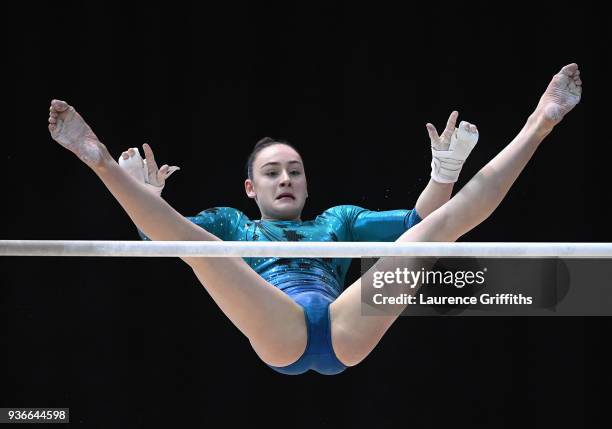 Hannah Chrobok of Canada competes on the unevan bars during day two of the 2018 Gymnastics World Cup at Arena Birmingham on March 22, 2018 in...