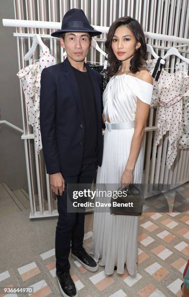 Han Chong, Self-Portrait Founder and Creative Director, and Gemma Chan attend the Self-Portrait store opening cocktail party on March 22, 2018 in...