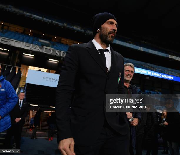 Gianluigi Buffon of Italy looks on during Italy walk around at Etihad Stadium on March 22, 2018 in Manchester, England.