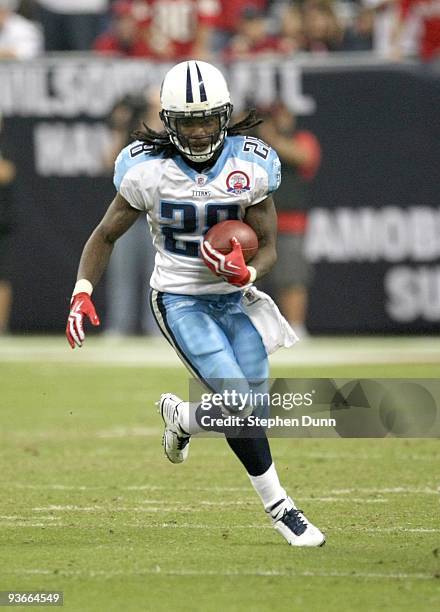 Running Back Chris Johnson of the Tennessee Titans carries the ball against the Houston Texans on November 23, 2009 at Reliant Stadium in Houston,...