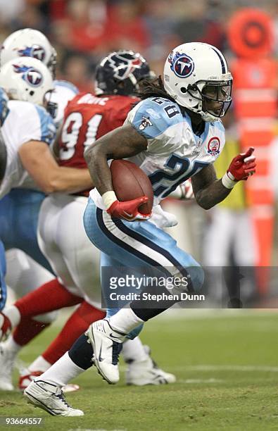 Running Back Chris Johnson of the Tennessee Titans carries the ball against the Houston Texans on November 23, 2009 at Reliant Stadium in Houston,...