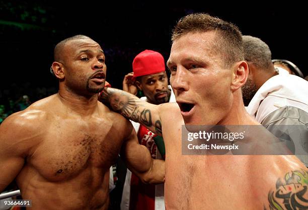 Danny Green celebrates victory over Roy Jones Jr following their title fight for the IBO Cruiserweight World Title belt at Star City Casino on...