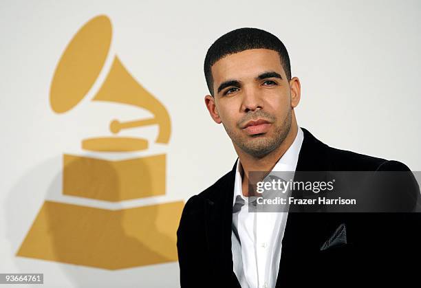 Rapper Drake poses in the press room during The GRAMMY Nominations Concert Live! at the Club Nokia on December 2, 2009 in Los Angeles, California.