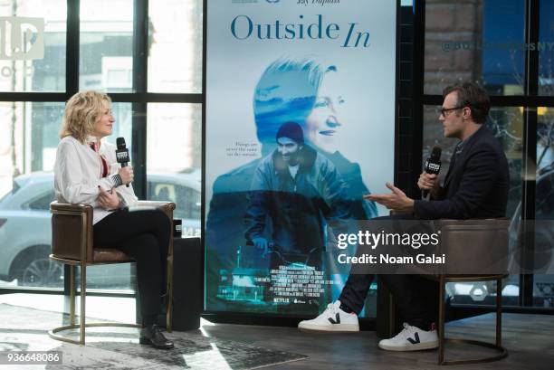 Edie Falco and Ricky Camilleri visit Build Series to discuss 'Outside In' at Build Studio on March 22, 2018 in New York City.