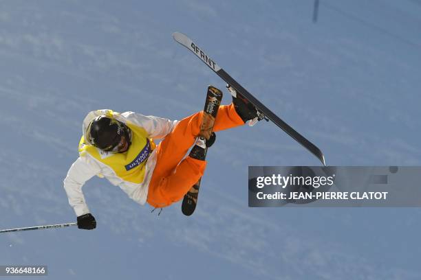 Alex Ferreira competes in the men's ski superpipe final of the Ultimate Ears Freestyle Tour, final of the World Cup, in the French Alpine resort of...