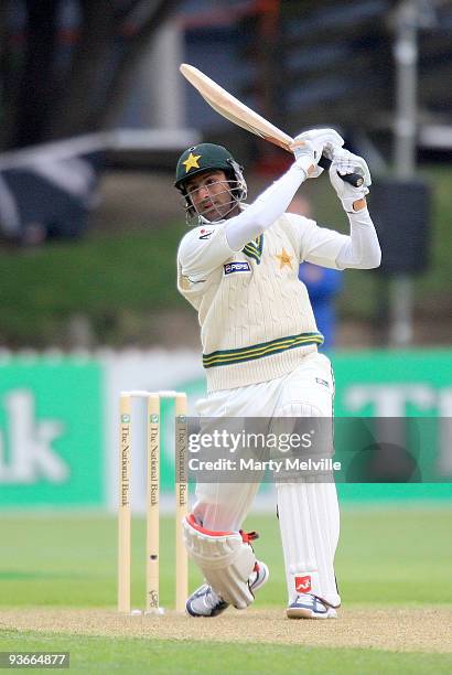 Shoaib Malik of Pakistan hits the ball that is caught by Daniel vettori captain of the Blackcaps during day one of the Second Test match between New...