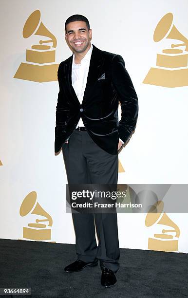 Rapper Drake poses in the press room during The GRAMMY Nominations Concert Live! at the Club Nokia on December 2, 2009 in Los Angeles, California.